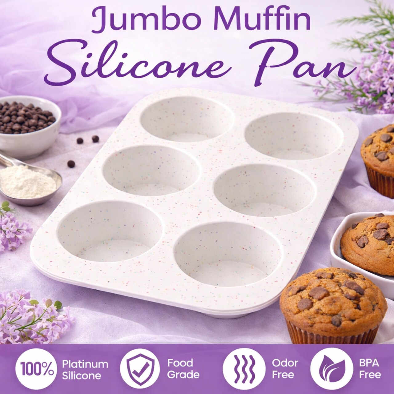 Jumbo Muffin Silicone Pan – 6 Cavity Non-Stick Silicone Baking Mold for Bakery-Style Muffins